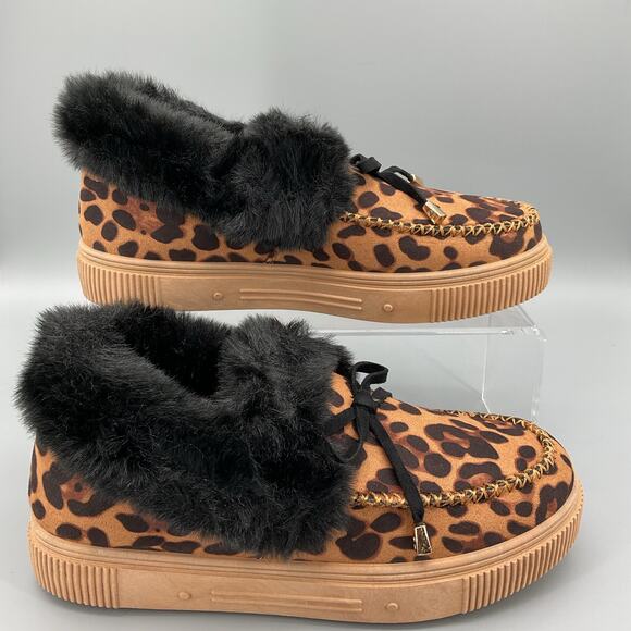 NEW Journee Collection Women’s Midnight Faux Fur Moc Slippers Leopard Size 9 - Picture 1 of 10